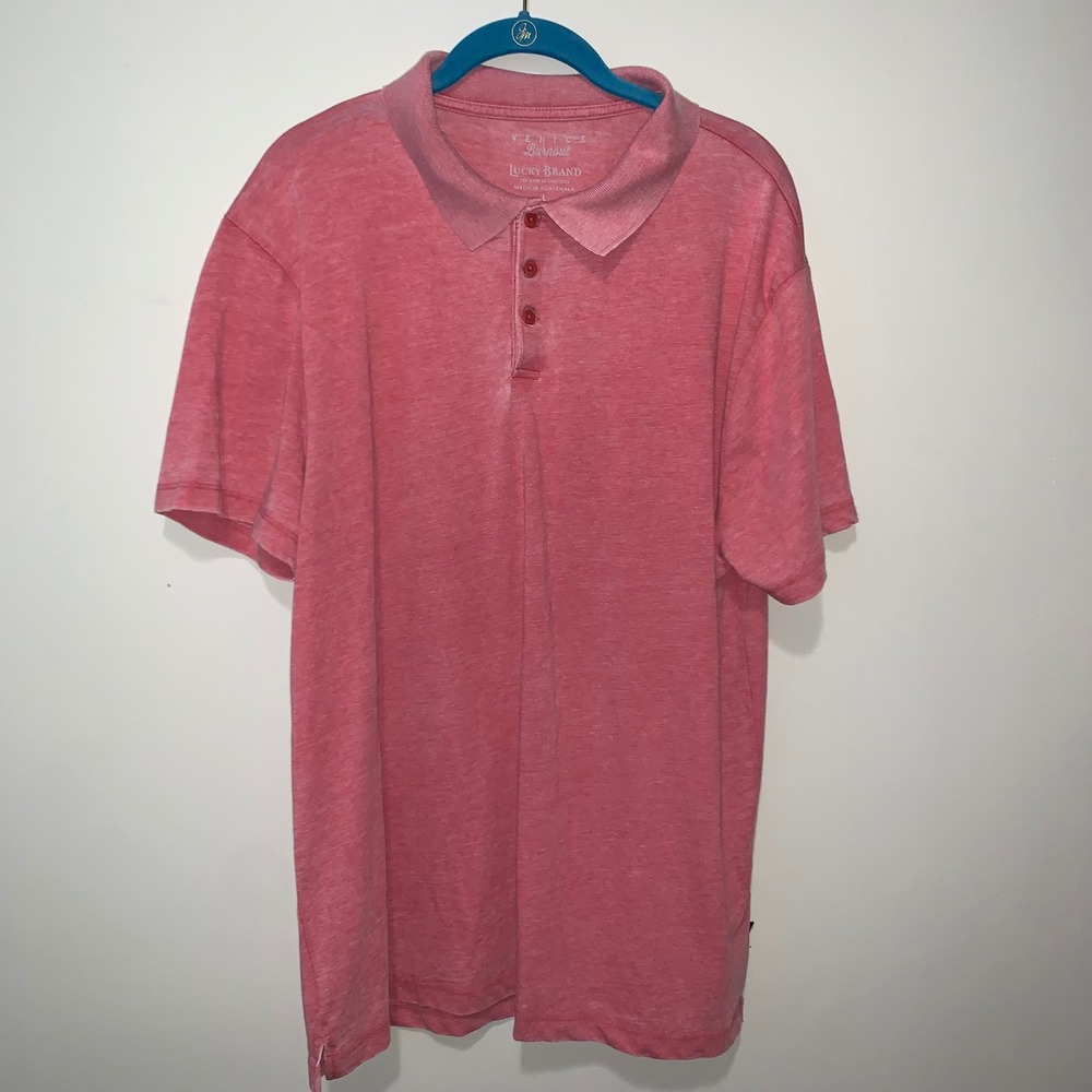 Lucky Brand Venice Burnout Polo Shirt Mens Large Pink Short Sleeve Heathered